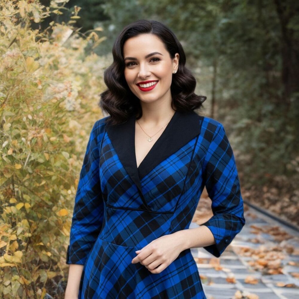 Unique Vintage Plaid Fit & Flare Midi Dress Retro Swing Wiggle Pockets Stretch - Picture 5 of 12